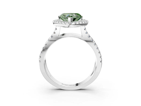 Platinum Fancy Green Heart Cut Diamond Halo Ring with Split Shank Pavé Band and Prong Setting