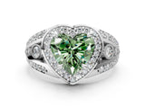 White gold Fancy Green Heart Cut Diamond Halo Ring with Split Shank and Bezel Accents and Four-Prong Setting