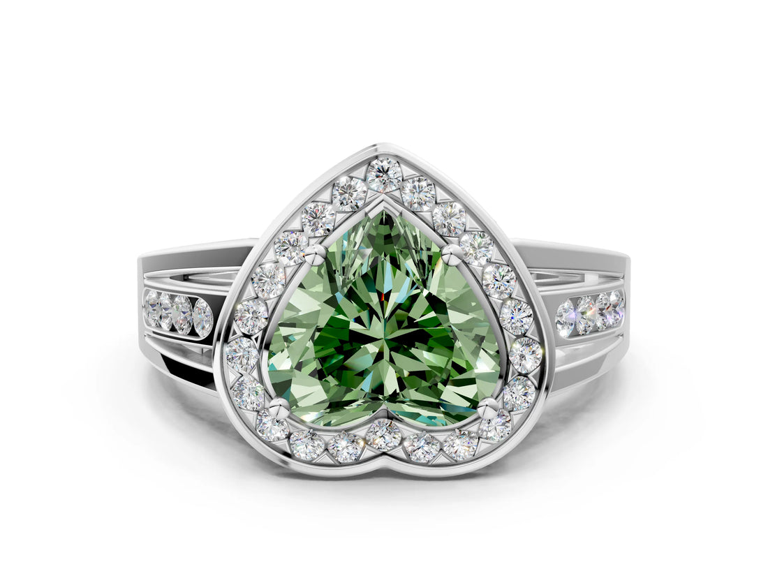 White gold Fancy Green Heart Cut Diamond Halo Ring with Split Shank and Bezel Accents and Prong Setting