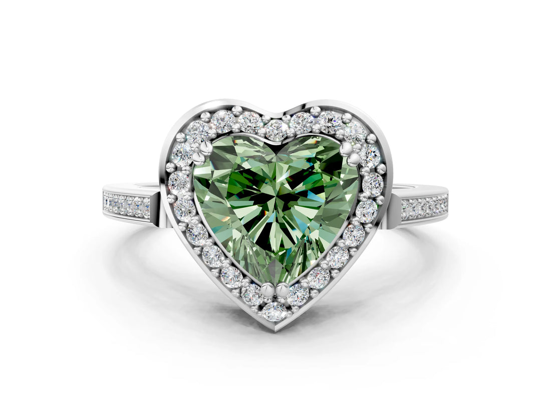 White gold Fancy Green Heart Cut Diamond Halo Ring with Split Shank and Four-Prong Setting_14