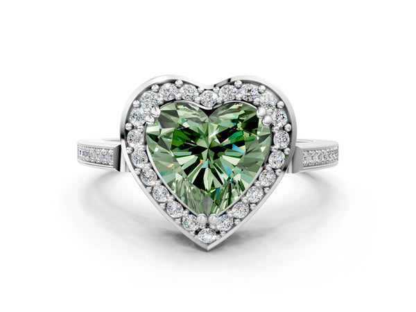 White gold Fancy Green Heart Cut Diamond Halo Ring with Split Shank and Four-Prong Setting