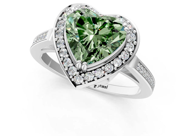 White gold Fancy Green Heart Cut Diamond Halo Ring with Split Shank and Four-Prong Setting