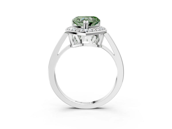 White gold Fancy Green Heart Cut Diamond Halo Ring with Split Shank and Four-Prong Setting