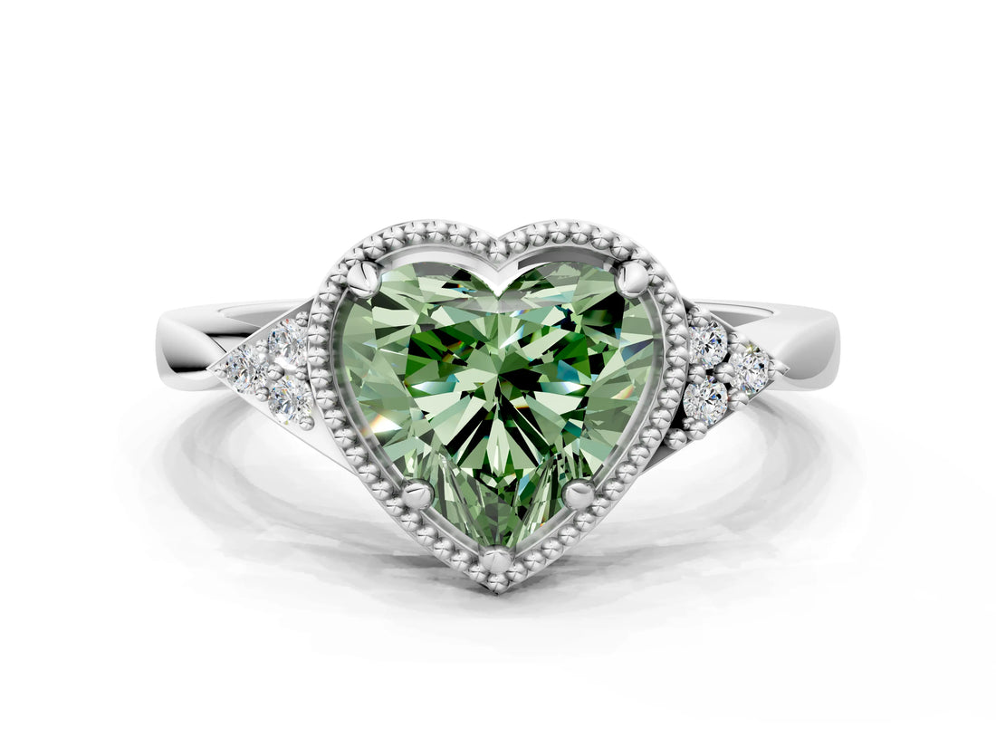 White gold Fancy Green Heart Cut Diamond Halo Ring with Tapered Band and Four-Prong Setting_19