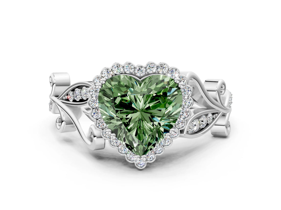 White gold Fancy Green Heart Cut Diamond Halo Ring with Vintage Split Shank and Four-Prong Setting_65