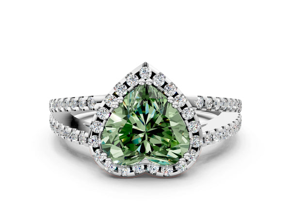 White gold Fancy Green Heart Cut Diamond Halo Split Shank Engagement Ring