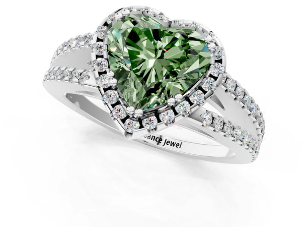 White gold Fancy Green Heart Cut Diamond Halo Split Shank Engagement Ring