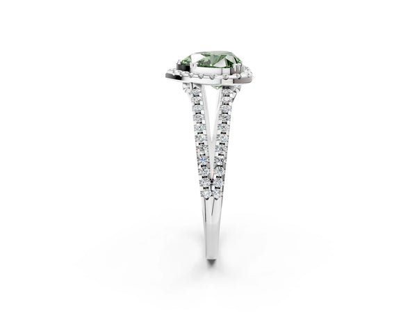 White gold Fancy Green Heart Cut Diamond Halo Split Shank Engagement Ring