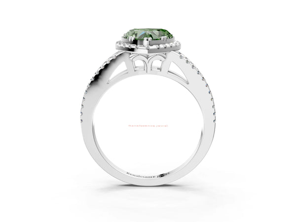 White gold Fancy Green Heart Cut Diamond Halo Split Shank Engagement Ring