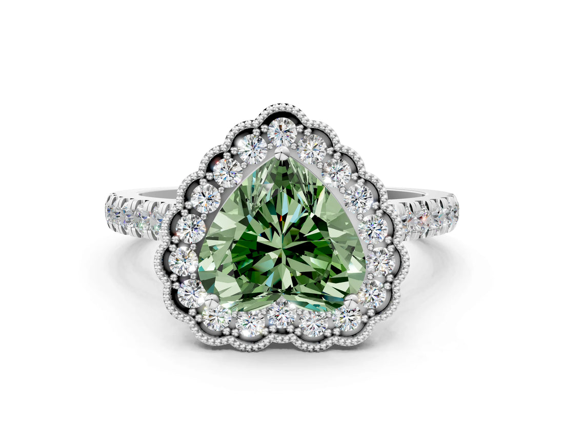 White gold Fancy Green Heart  Cut Diamond Milgrain Floral Halo Engagement Ring with Pavé Band_15