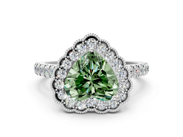 White gold Fancy Green Heart  Cut Diamond Milgrain Floral Halo Engagement Ring with Pavé Band