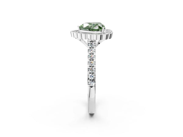 White gold Fancy Green Heart  Cut Diamond Milgrain Floral Halo Engagement Ring with Pavé Band