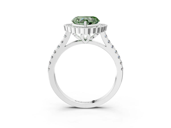 White gold Fancy Green Heart  Cut Diamond Milgrain Floral Halo Engagement Ring with Pavé Band