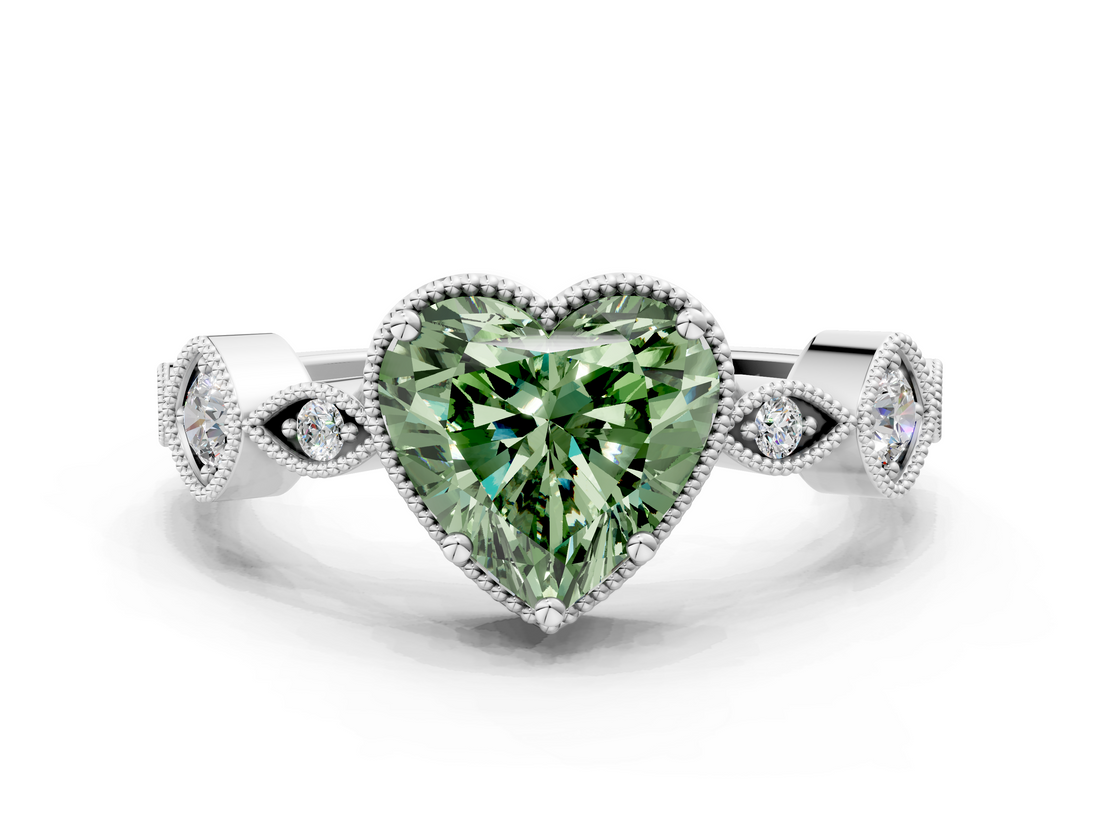 White gold Fancy Green Heart  Cut Diamond Milgrain Marquise Band with Prong Setting_3