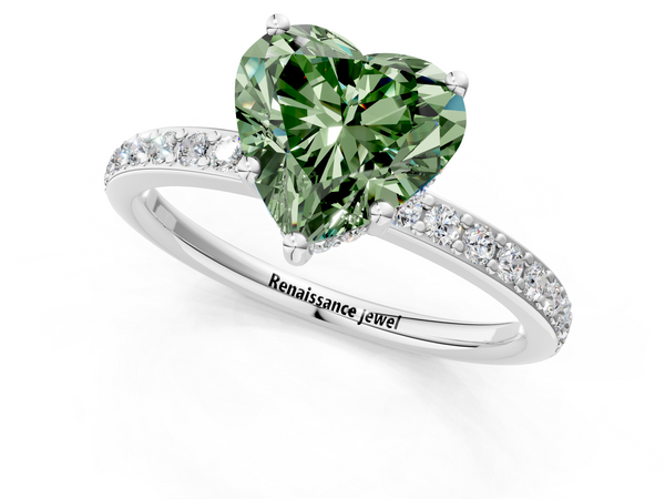 White gold Fancy Green Heart  Cut Diamond Pavé Band Ring with Four-Prong Setting