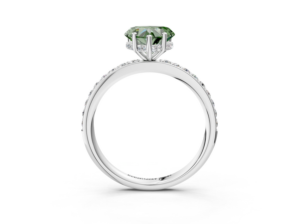 White gold Fancy Green Heart  Cut Diamond Pavé Band Ring with Four-Prong Setting