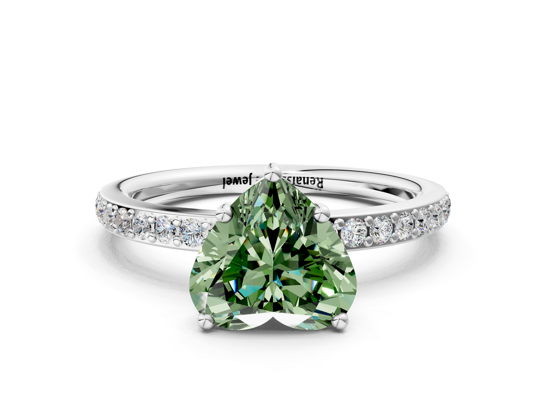 White gold Fancy Green Heart  Cut Diamond Pavé Band Ring with Four-Prong Setting