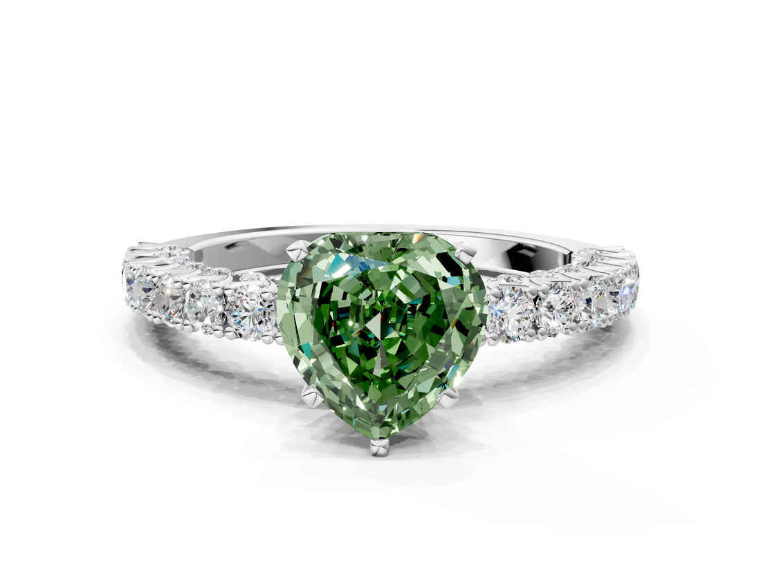 White gold Fancy Green Heart Cut Diamond Pavé Band Solitaire Ring with Prong Setting_29