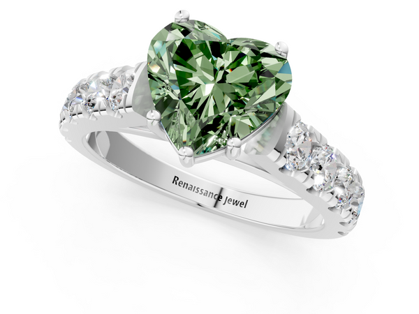 Platinum Fancy Green Heart  Cut Diamond Solitaire Ring with Micro Pave Band and Prong Setting