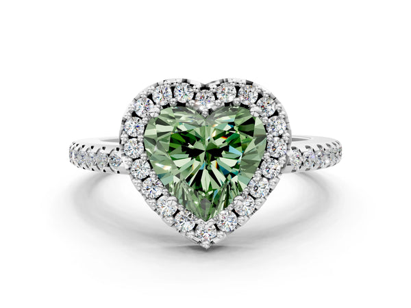 White gold Fancy Green Heart Cut Diamond Pavé Halo Ring with Four-Prong Setting