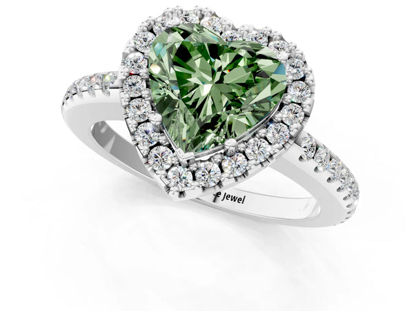 White gold Fancy Green Heart Cut Diamond Pavé Halo Ring with Four-Prong Setting