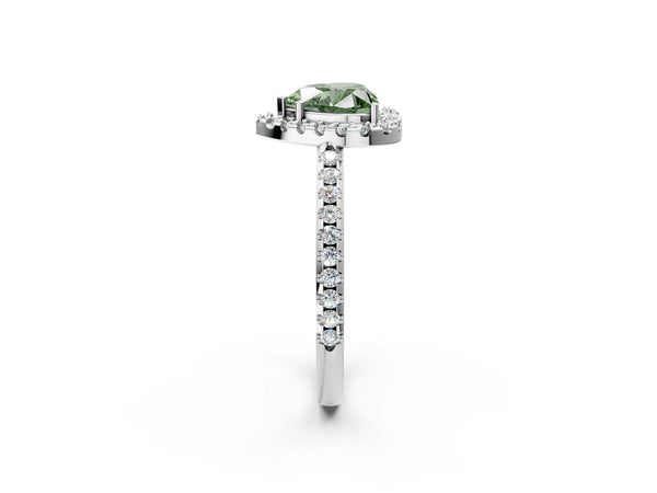 White gold Fancy Green Heart Cut Diamond Pavé Halo Ring with Four-Prong Setting