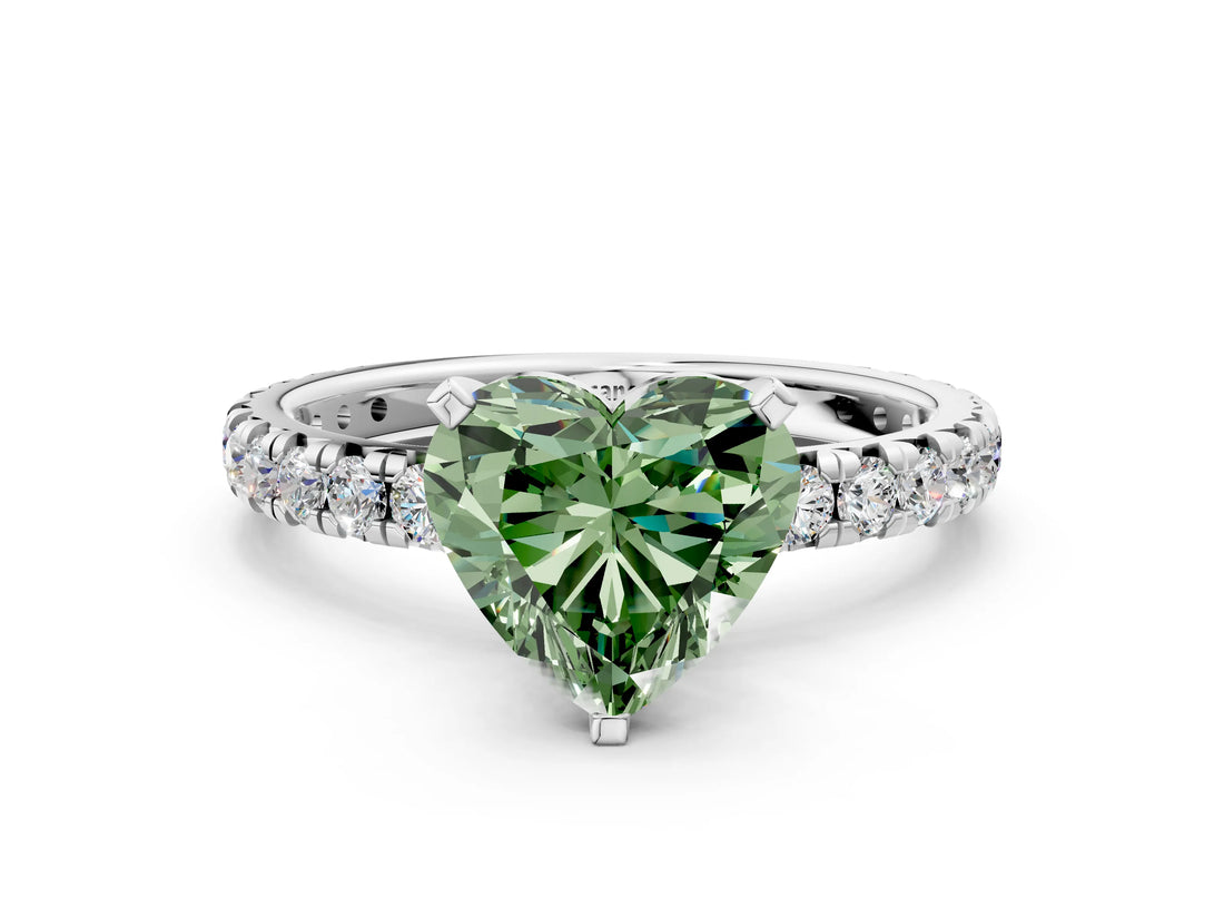 White gold Fancy Green Heart Cut Diamond Pavé Solitaire Ring with Round Band and Prong Setting_12