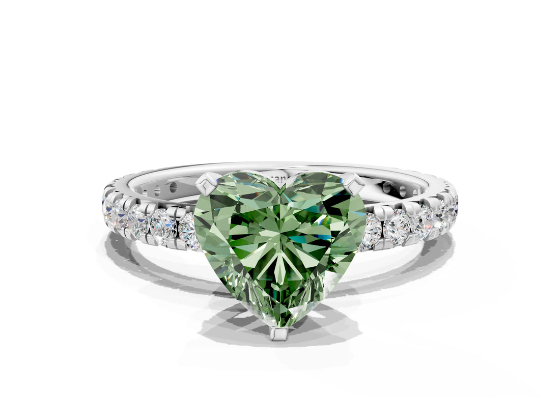 White gold Fancy Green Heart Cut Diamond Pavé Solitaire Ring with Round Band and Prong Setting_36