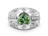 White gold Fancy Green Heart Cut Diamond Pave Art Deco Split Shank Ring with Four-Prong Setting