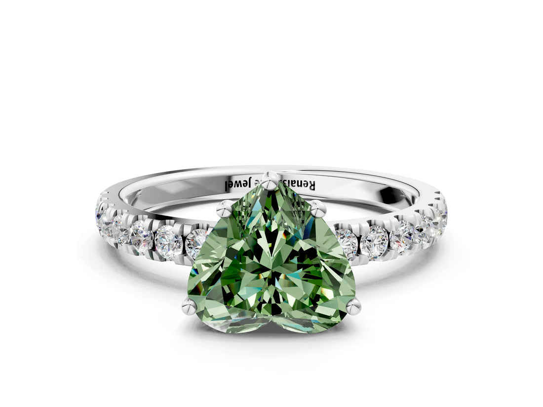 White gold Fancy Green Heart Cut Diamond Pave Band Solitaire Ring with Round  and Prong Setting_77