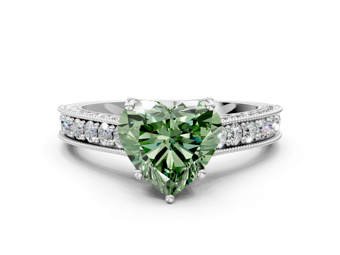 White gold Fancy Green Heart  Cut Diamond Pave Band with Four-Prong Setting