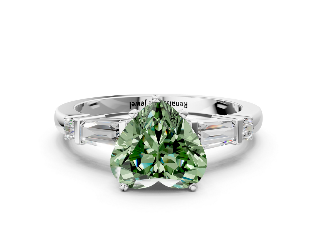 White gold Fancy Green Heart  Cut Diamond Ring with Baguette Side Stones, Channel Set Band, and Four-Prong Setting