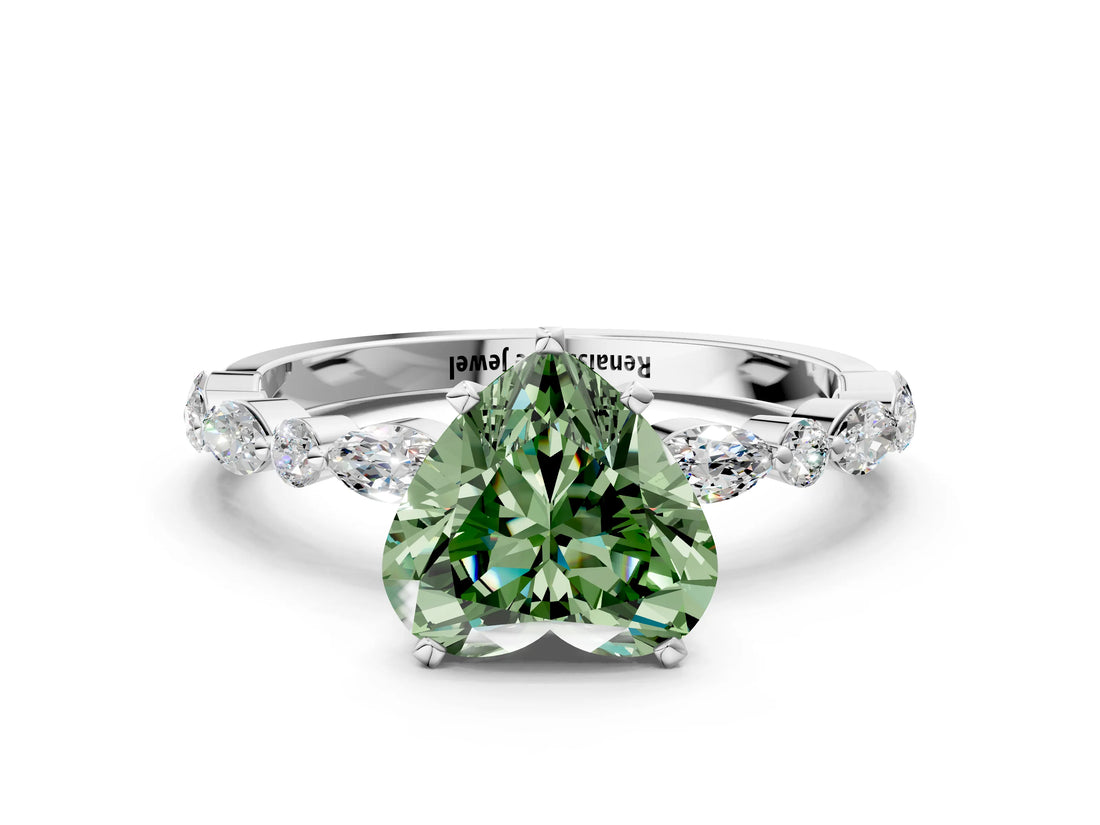 White gold Fancy Green Heart Cut Diamond Ring with Marquise and Round  Side Stones and Four-Prong Setting_41