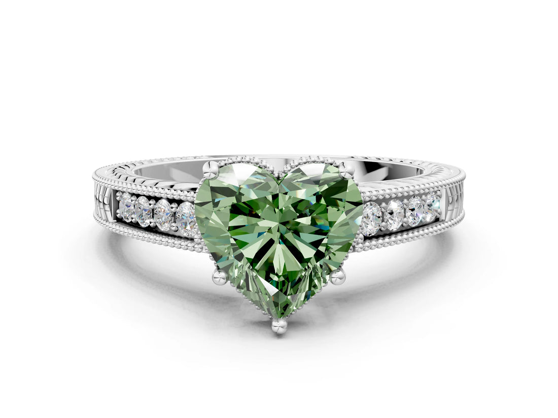 White gold Fancy Green Heart Cut Diamond Ring with Milgrain Pavé Band and Four-Prong Setting_33