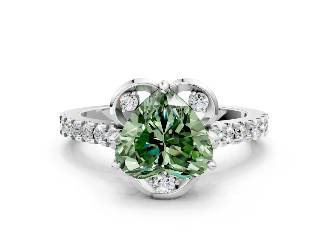 White gold Fancy Green Heart Cut Diamond Ring with Pavé Band and Floral Prong Setting_39