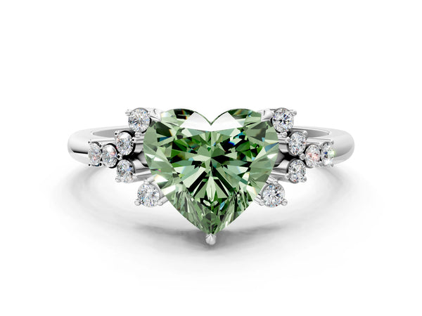 White gold Fancy Green Heart Cut Diamond Ring with Side Stones and Four-Prong Setting