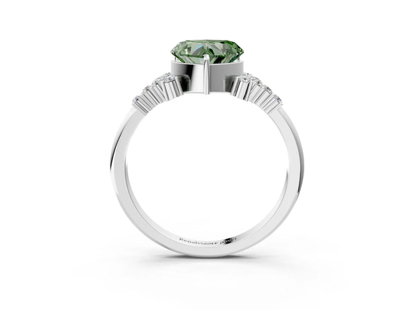 White gold Fancy Green Heart Cut Diamond Ring with Side Stones and Four-Prong Setting