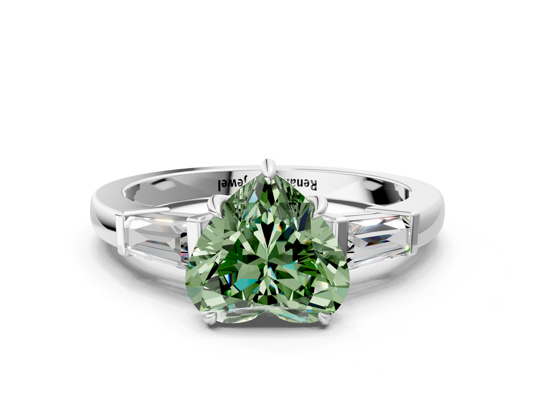 White gold Fancy Green Heart  Cut Diamond Ring with Tapered Baguette Side Stones in Four-Prong Setting