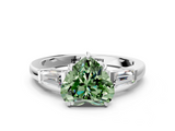 White gold Fancy Green Heart  Cut Diamond Ring with Tapered Baguette Side Stones in Four-Prong Setting