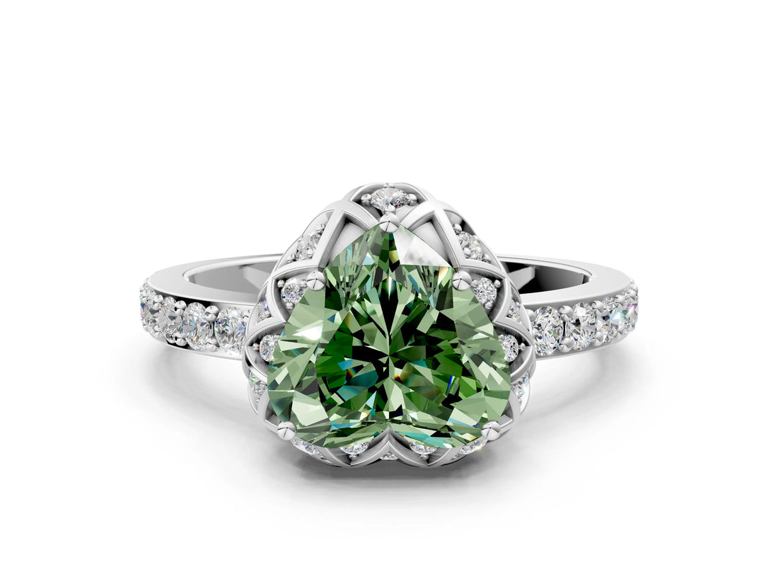 White gold Fancy Green Heart Cut Diamond Scalloped Halo Engagement Ring with Round Shared Prong Band_37