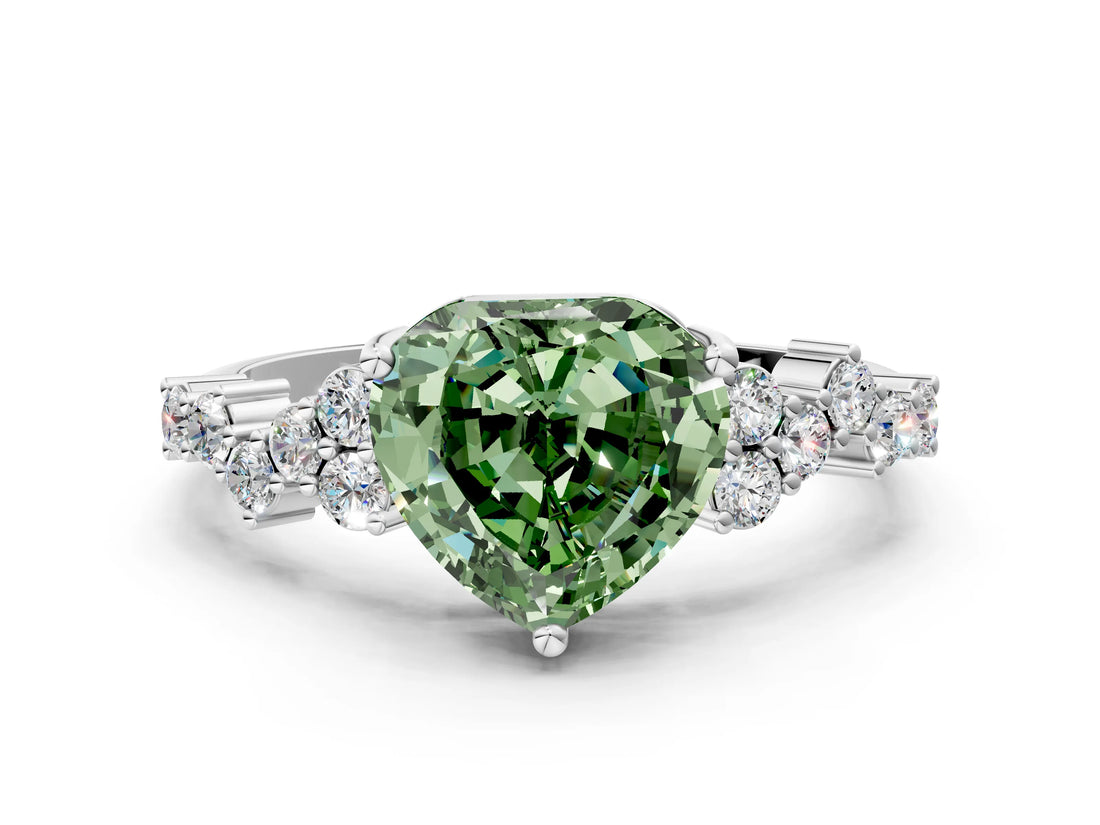 White gold Fancy Green Heart Cut Diamond Scattered Round Accent Ring with Prong Setting_12