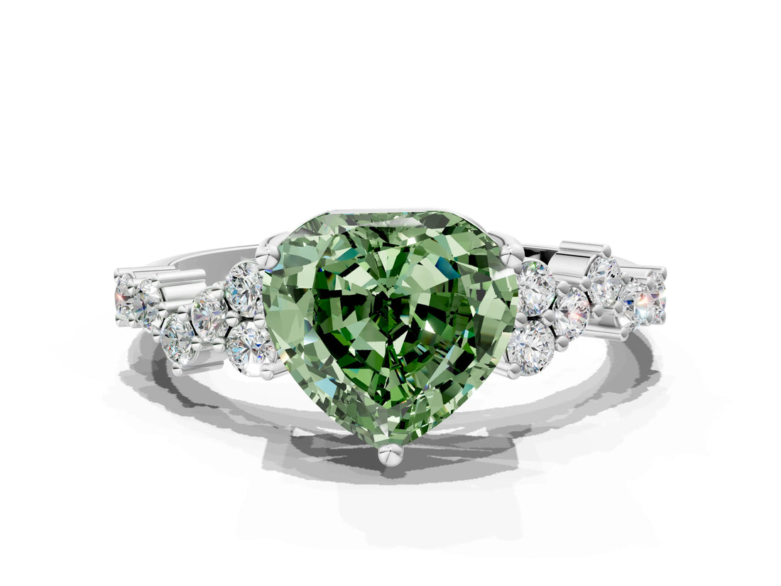 White gold Fancy Green Heart Cut Diamond Scattered Round Accent Ring with Prong Setting_24
