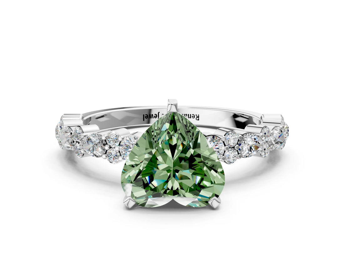 White gold Fancy Green Heart Cut Diamond Side Stone Solitaire Ring with Round  and Four-Prong Setting_12