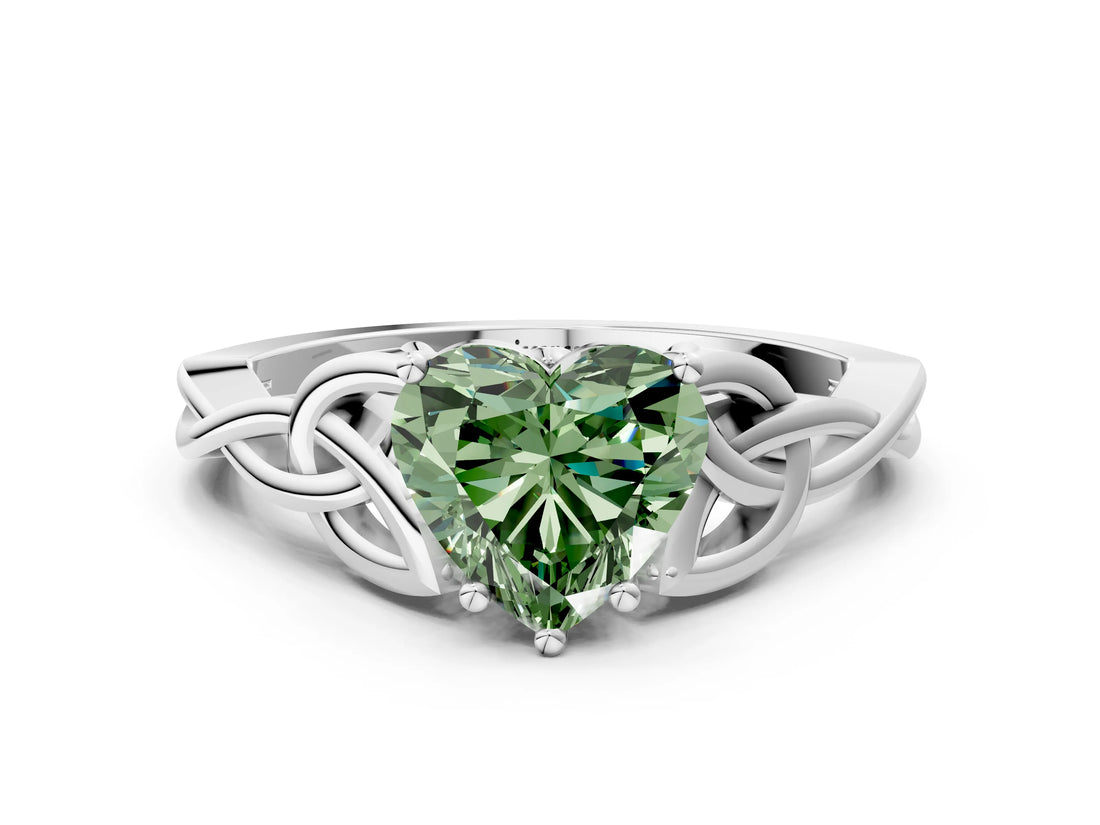 White gold Fancy Green Heart Cut Diamond Solitaire Celtic Knot Ring with Four-Prong Setting_30