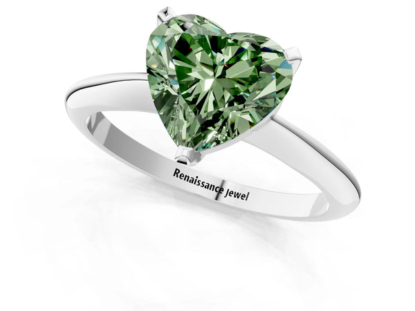 White gold Fancy Green Heart Cut Diamond Solitaire Engagement Ring with Classic Band and Four-Prong Setting