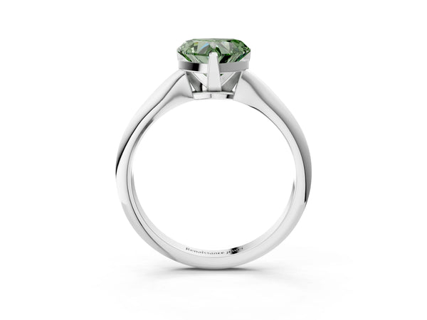 White gold Fancy Green Heart Cut Diamond Solitaire Engagement Ring with Classic Band and Four-Prong Setting
