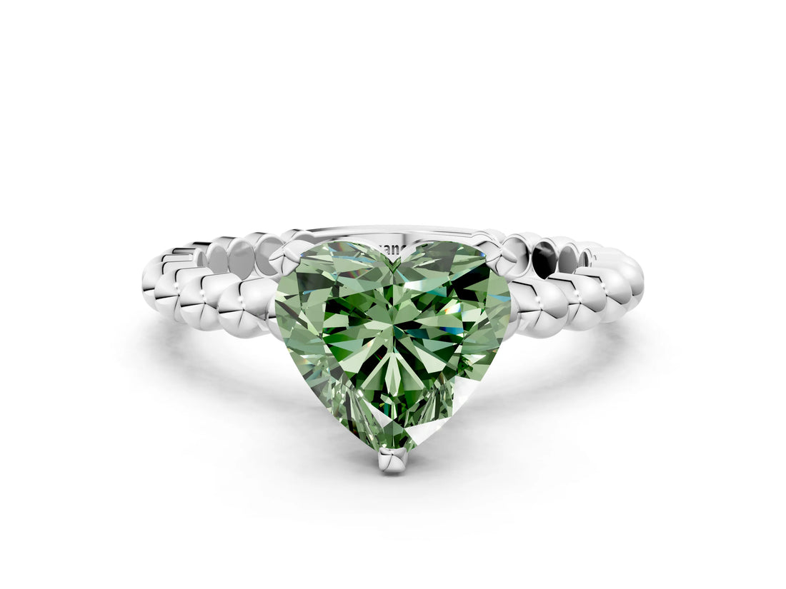 White gold Fancy Green Heart Cut Diamond Solitaire Ring with Beaded Band and Prong Setting_95