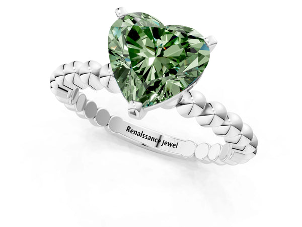 Platinum Fancy Green Heart Cut Diamond Solitaire Ring with Beaded Band and Prong Setting