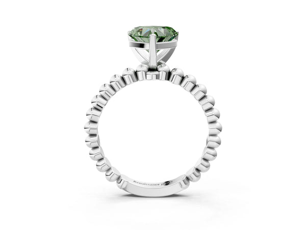 Platinum Fancy Green Heart Cut Diamond Solitaire Ring with Beaded Band and Prong Setting