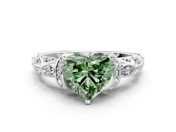 Platinum Fancy Green Heart Cut Diamond Solitaire Ring with Filigree Band and Four-Prong Setting